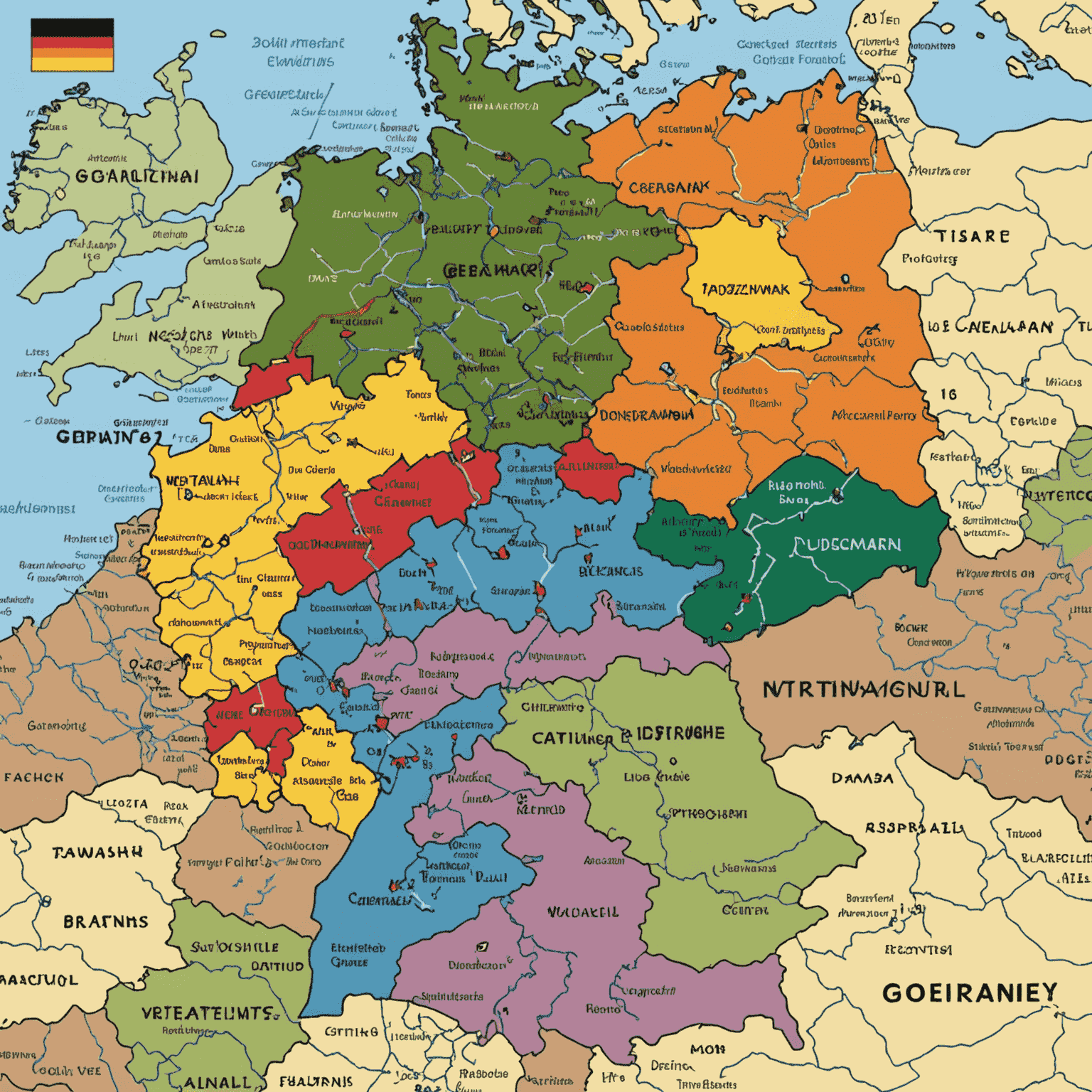 Eine Karte von Deutschland und seinen Nachbarländern, die verschiedene Vignetten-Zonen mit unterschiedlichen Farben hervorhebt. Autobahnen sind deutlich markiert, und Grenzübergänge sind mit kleinen Flaggen gekennzeichnet.