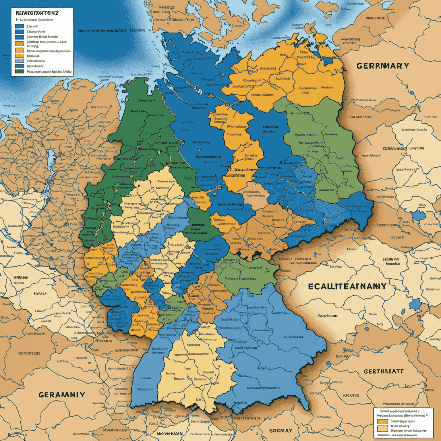 Eine Karte von Deutschland und seinen Nachbarländern, die die verschiedenen Vignetten- und Mautsysteme zeigt. Deutschland ist in Blau dargestellt, während Länder mit Vignettenpflicht in Gold markiert sind. Wichtige Autobahnen und Grenzübergänge sind hervorgehoben.