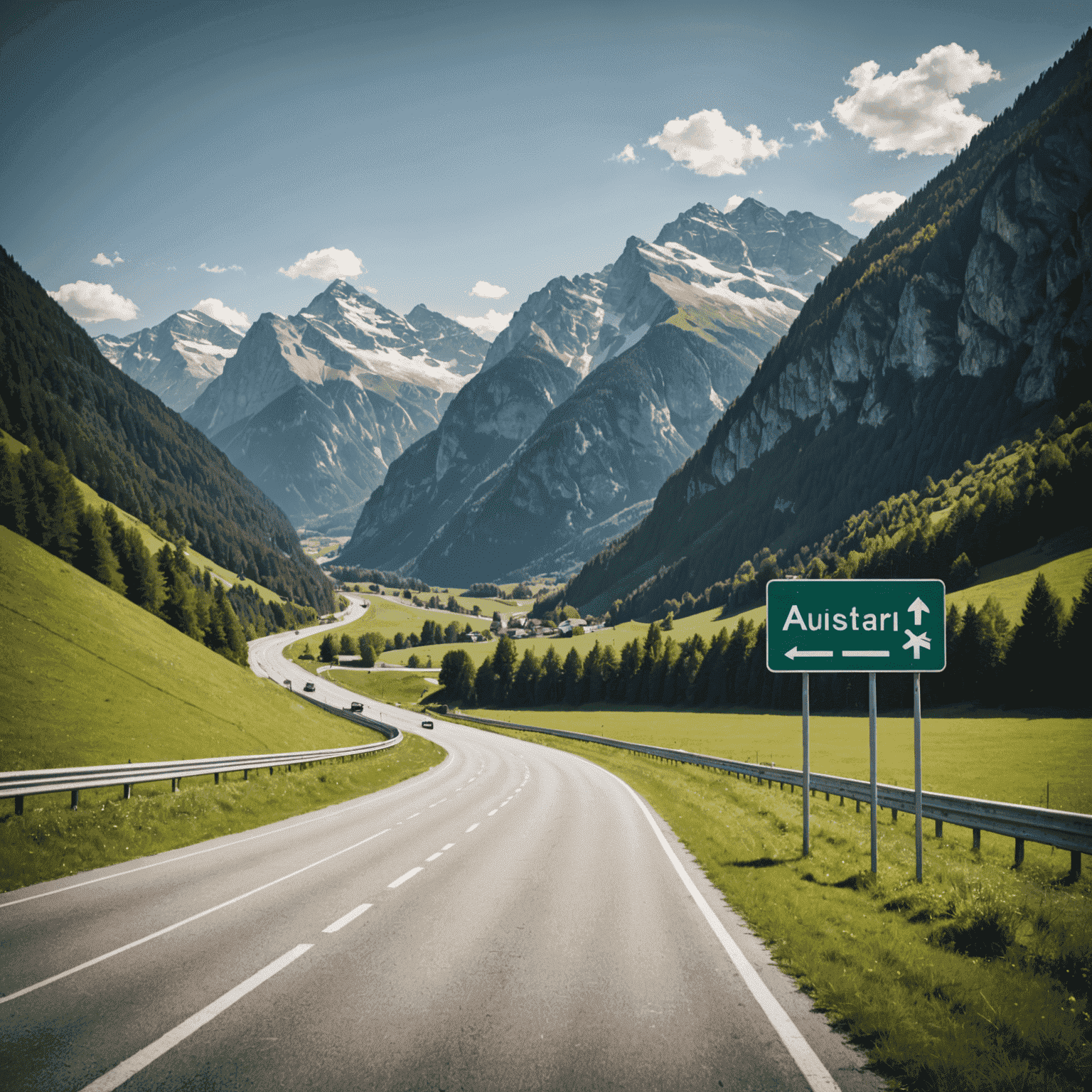Österreichische Autobahn mit Bergen im Hintergrund und einem Vignetten-Schild im Vordergrund