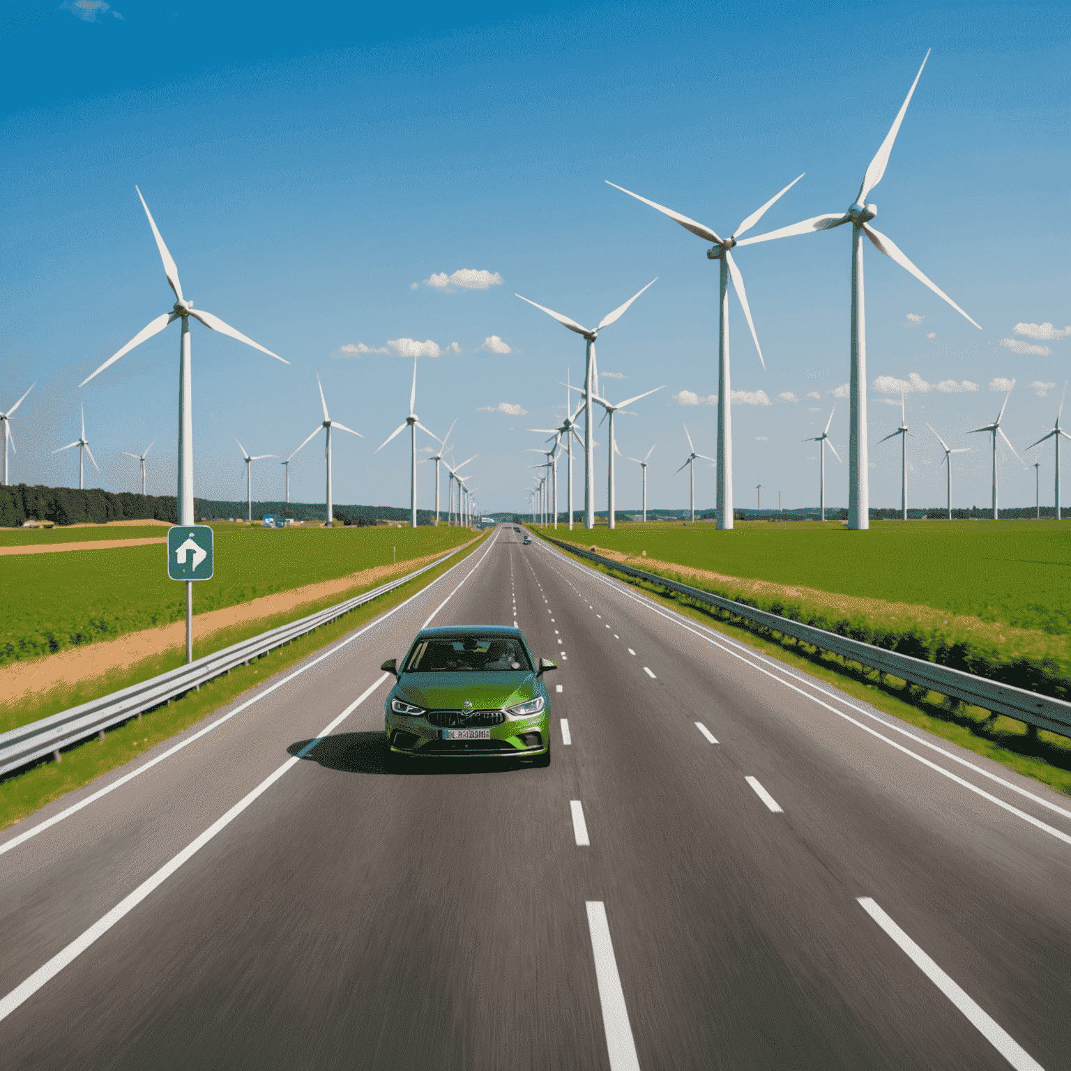 Deutsches Autobahnnetz mit grünen Schildern und einem silbernen Auto, das auf einer freien Autobahn fährt. Im Hintergrund sind Windräder zu sehen, die die umweltfreundliche Mobilität symbolisieren.