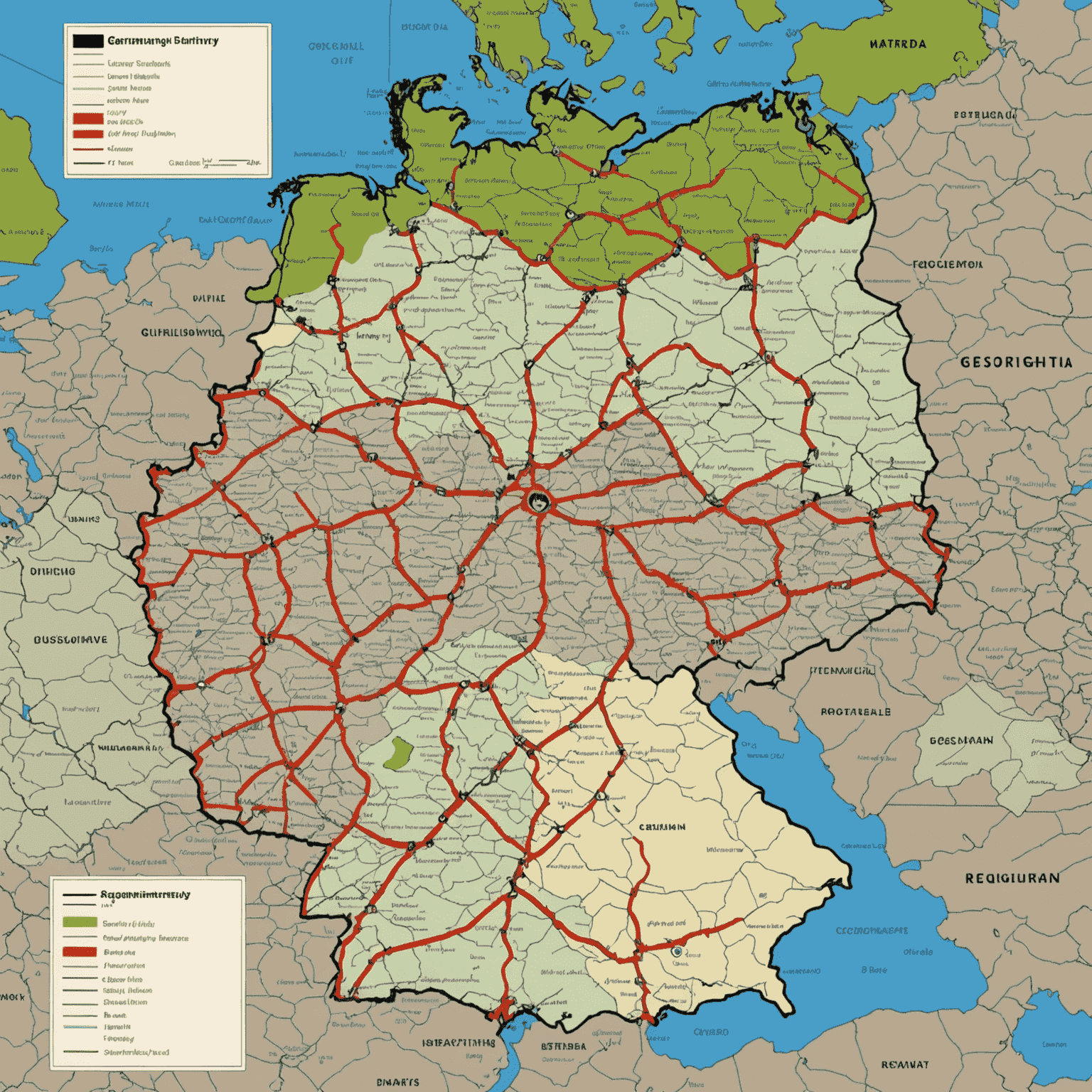 Eine Karte Deutschlands mit hervorgehobenen Autobahnen und Vignettensymbolen, die die spezifischen Regeln für verschiedene Regionen zeigen
