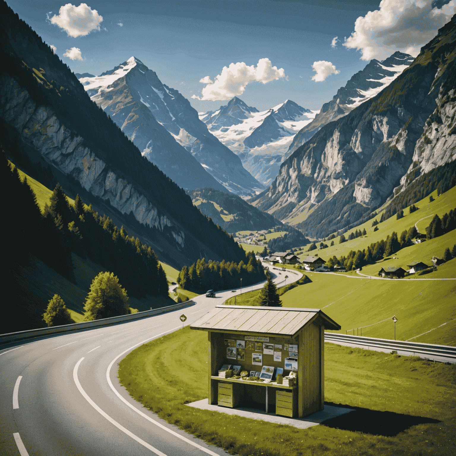 Schweizer Autobahn durch die Alpen mit einem Vignetten-Verkaufsstand