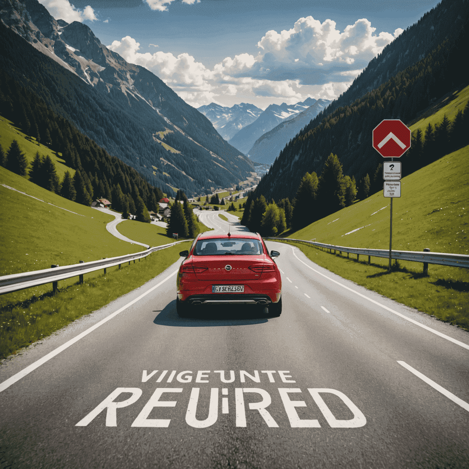 Österreichische Alpenstraße mit einem roten Auto, das eine digitale Vignette auf der Windschutzscheibe hat. Im Vordergrund ist ein Schild mit dem Text 'Vignettenpflicht' zu sehen.
