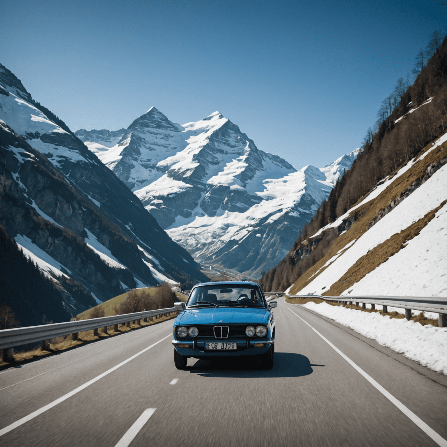 Schweizer Bergstraße mit einem blauen Auto, das eine korrekt angebrachte Vignette auf der Windschutzscheibe zeigt. Im Hintergrund sind schneebedeckte Berggipfel zu sehen.