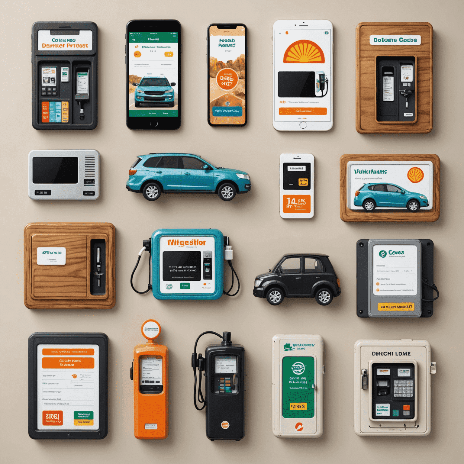 Collage von verschiedenen Kaufoptionen für Vignetten: Online-Shop, Tankstelle, Grenzübergang und Mobiltelefon-App