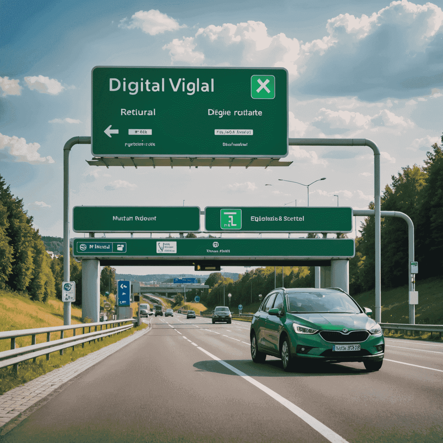 Prager Stadtautobahn mit einem grünen Auto, das an einer digitalen Mautstation vorbeifährt. Ein Straßenschild zeigt 'Digitale Vignette erforderlich' in tschechischer und deutscher Sprache.