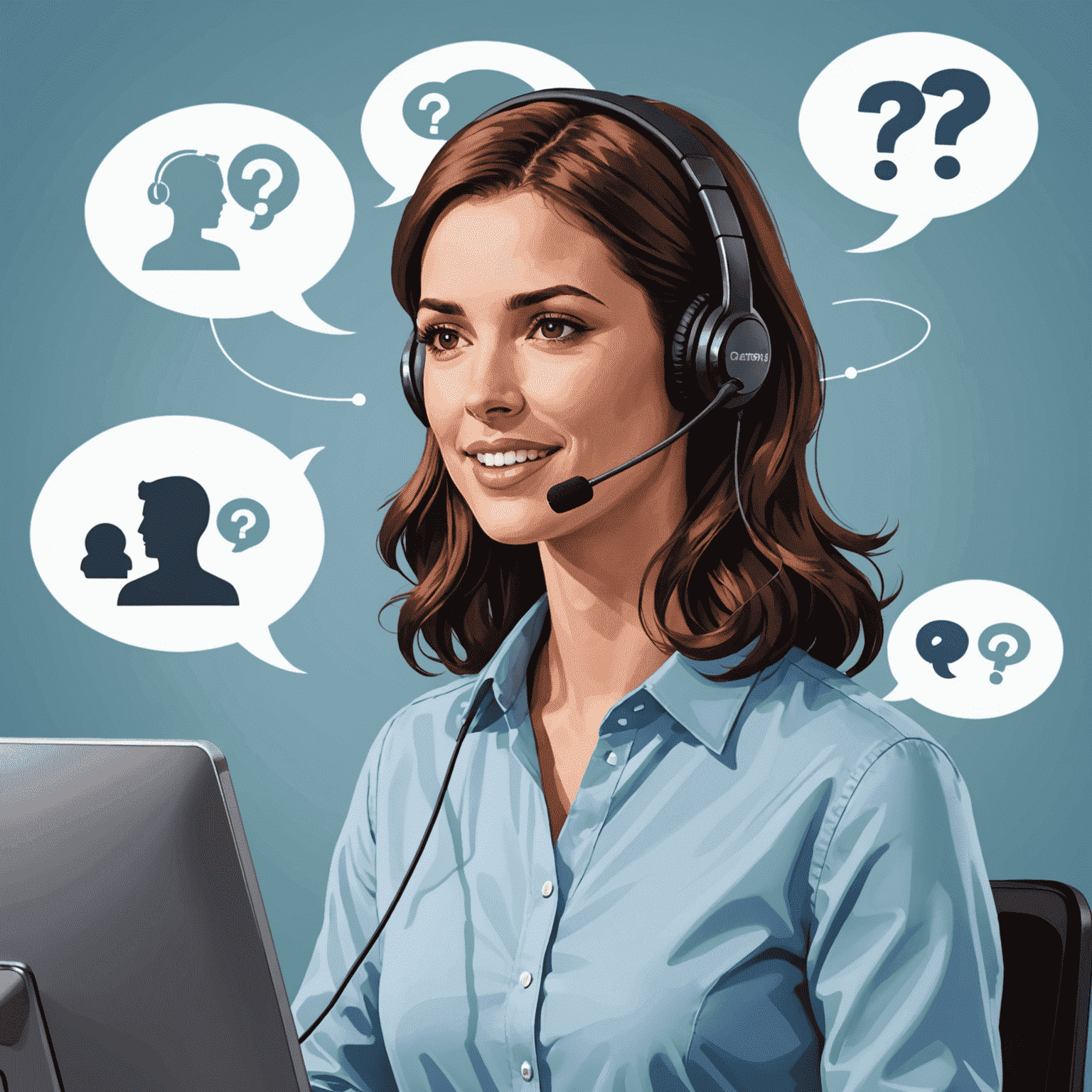 Illustration eines Kundendienstmitarbeiters mit Headset, umgeben von Sprechblasen mit häufig gestellten Fragen zu Vignetten