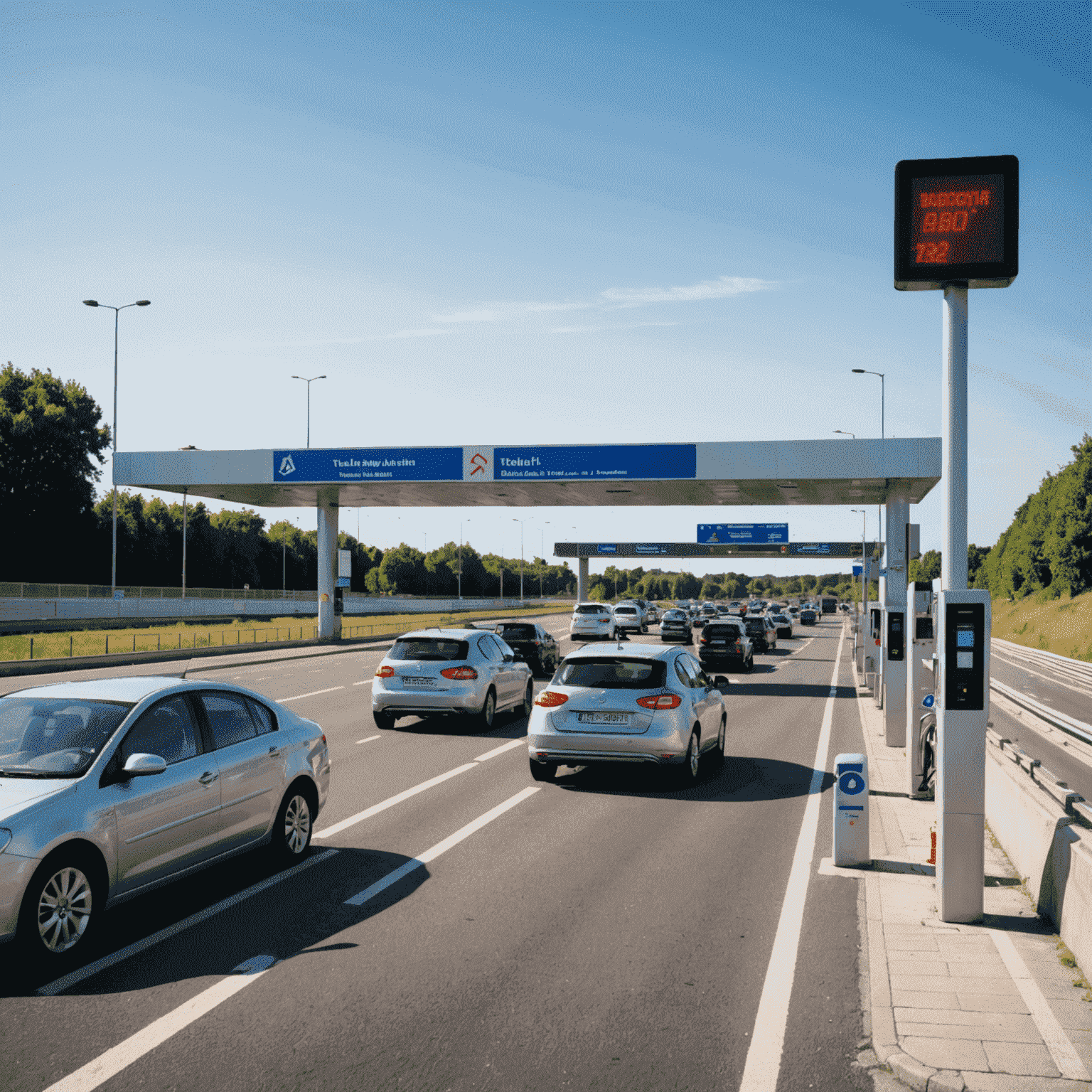Französische Autobahn-Mautstation mit mehreren Spuren. Ein silbernes Auto passiert eine elektronische Télépéage-Spur, während andere Autos an den Zahlschaltern warten.