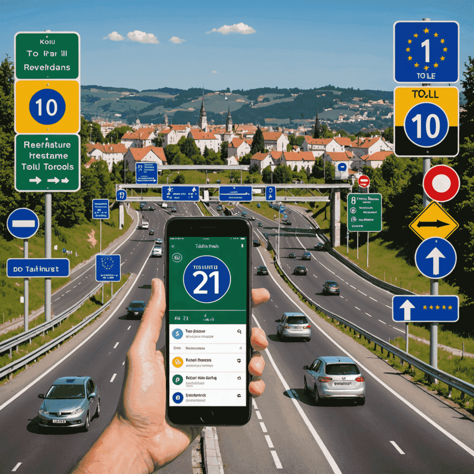 Collage von europäischen Straßenschildern, Vignetten und Mautsystemen. Ein Smartphone zeigt eine Route-Planungs-App, die Vignetten-Zonen und Mautstraßen hervorhebt.